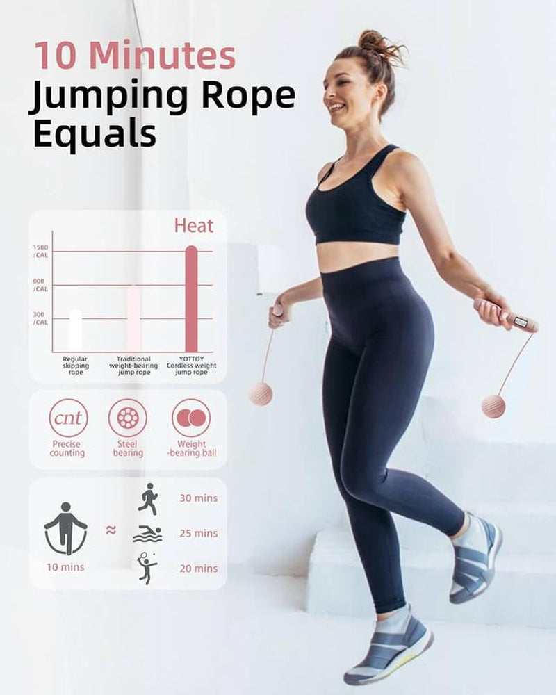 Cordless Jump Rope with - Ropeless Jump Rope 2 in 1 with Large Cordless Ball-Weighted Jump Rope for Women Men Kids Outdoor Speed Boxing Crossfit Workout Exercise Cardio with LCD Display Adjustable Calorie Counter