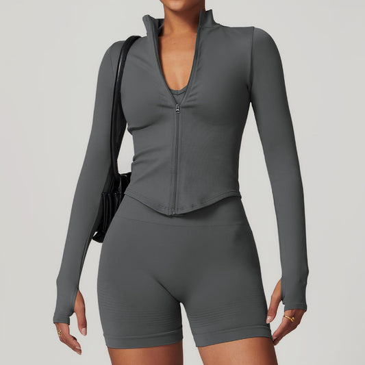 Sollinarry Stand Collar Long Sleeve Zipper Yoga Jacket Women Tight Quick Drying Yoga Clothes Outdoor Fitness Sports Top