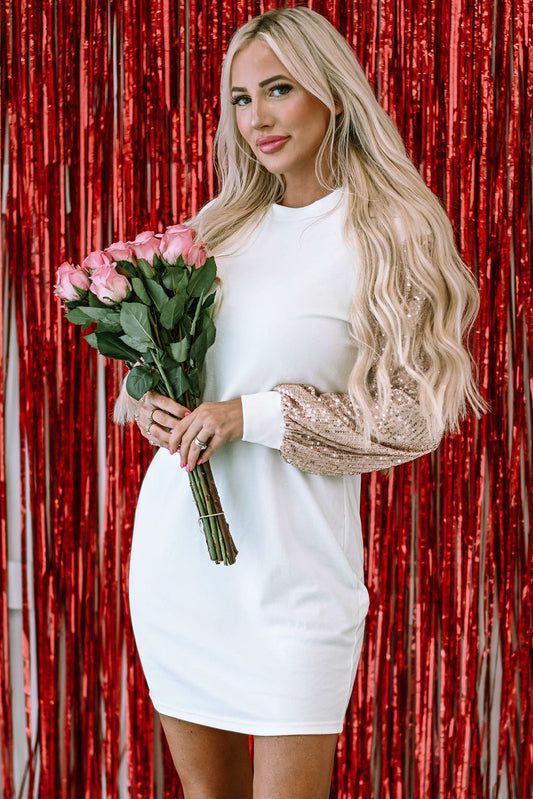 Sequin Patchwork Puff Sleeve Mini Dress