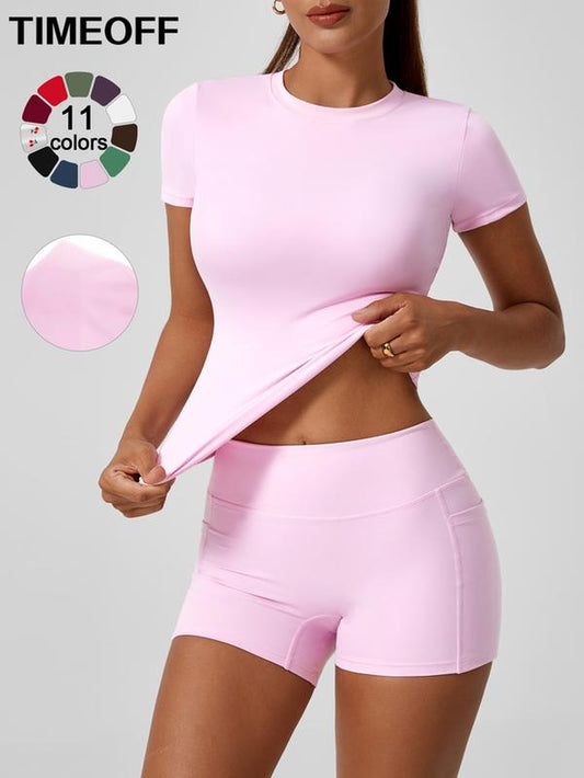 TIMEOFF Two-Piece Set Women'S Patchwork Soft Brushed Fabric Small round Neck Slim Fit Short Sleeved Tight Shorts Yoga Suit Set Summer Outdoor Sports Running Cycling Hiking Walking Fashion Set Gym Sports Training Versatile Short Sleeved Shorts Sports Set