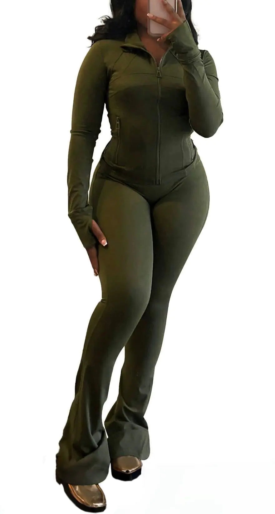 cu4eve Womens Two Piece Outfits Fall Workout Zip Up Sweatshirt And Jogger Flare Yoga Pants Gym Sweat Suits 2 Piece Set