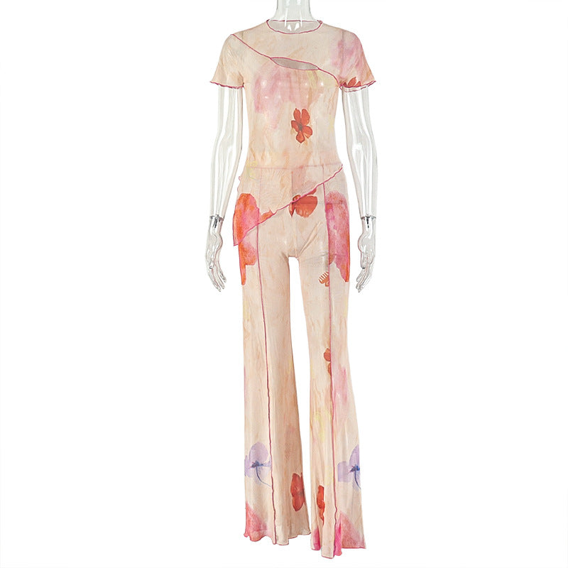 Women Clothing Skinny Pants Personality Short Sleeve Slim Street Asymmetric Long Two Piece Sets