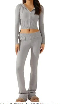 Women's High-Waist Knit Hooded Set: Fashionable Long-Sleeve Top & Trousers - # GIAA23410012