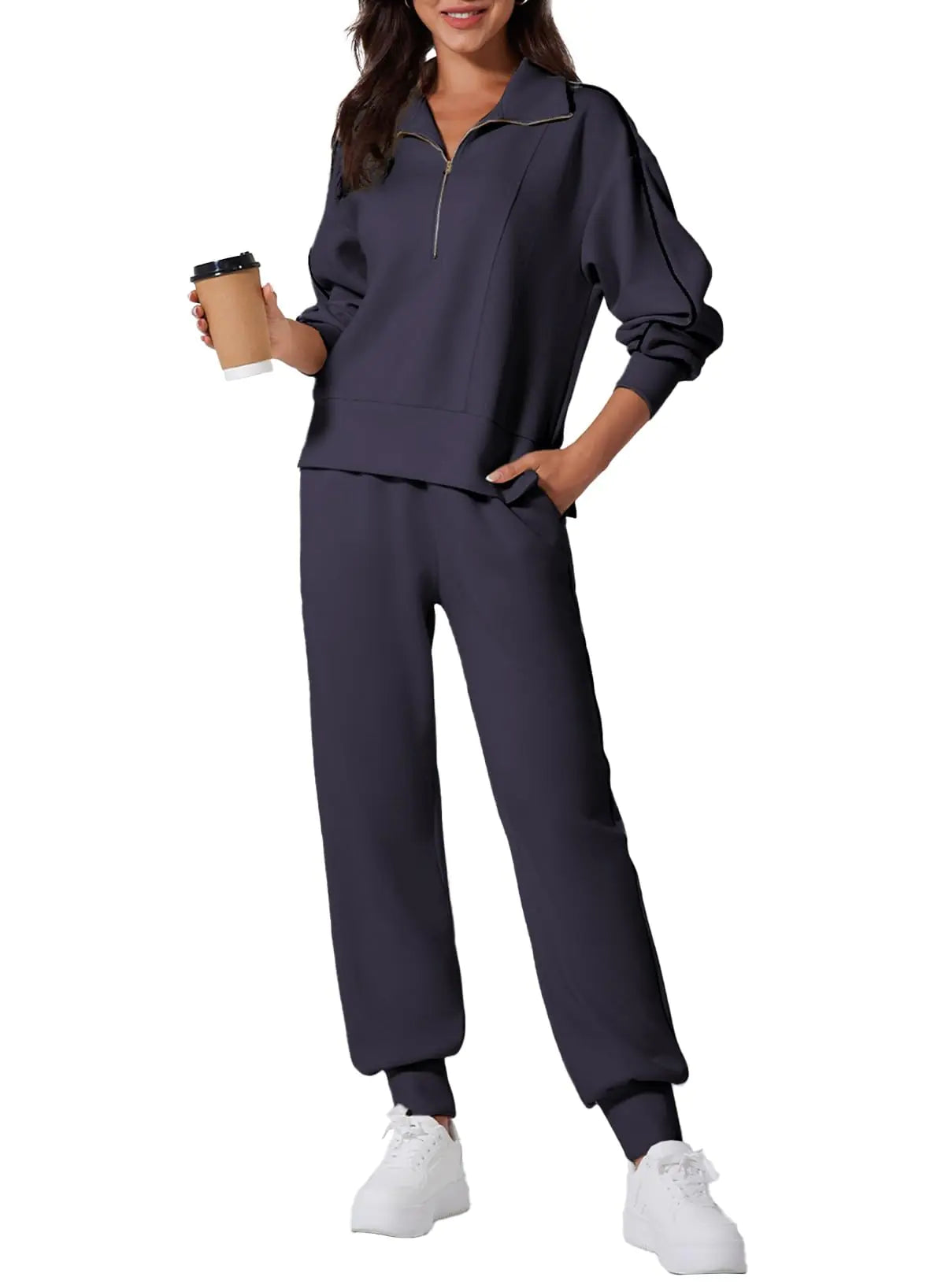 Aleumdr Sweatsuits Womens 2 Piece Outfits Sweat Set Tracksuits Zip Up Oversized Sweatshirt with Jogger Sweatpants Matching Lounge Set 2024 Fall Comfy Athletic Clothes Travel Outfit Blue Large