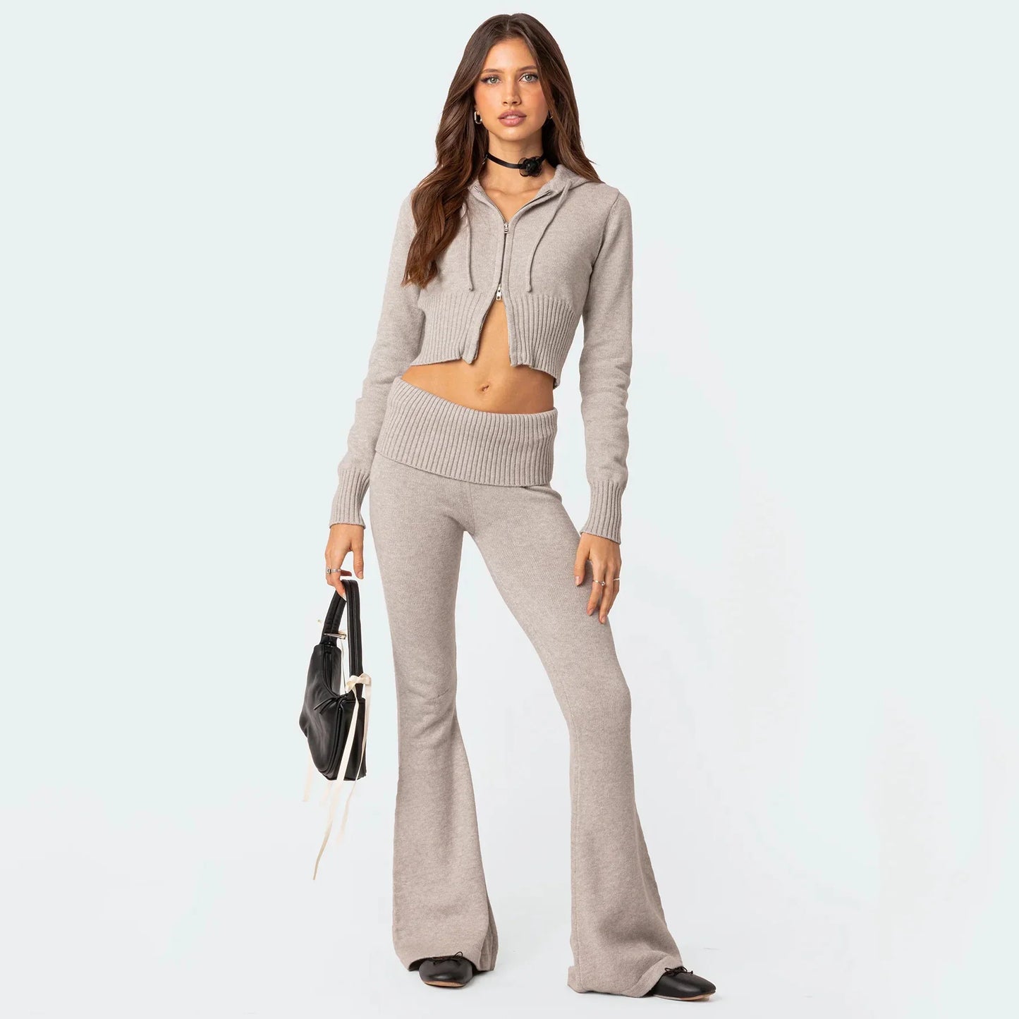 Women's High-Waist Knit Hooded Set: Fashionable Long-Sleeve Top & Trousers - # GIAA23410012