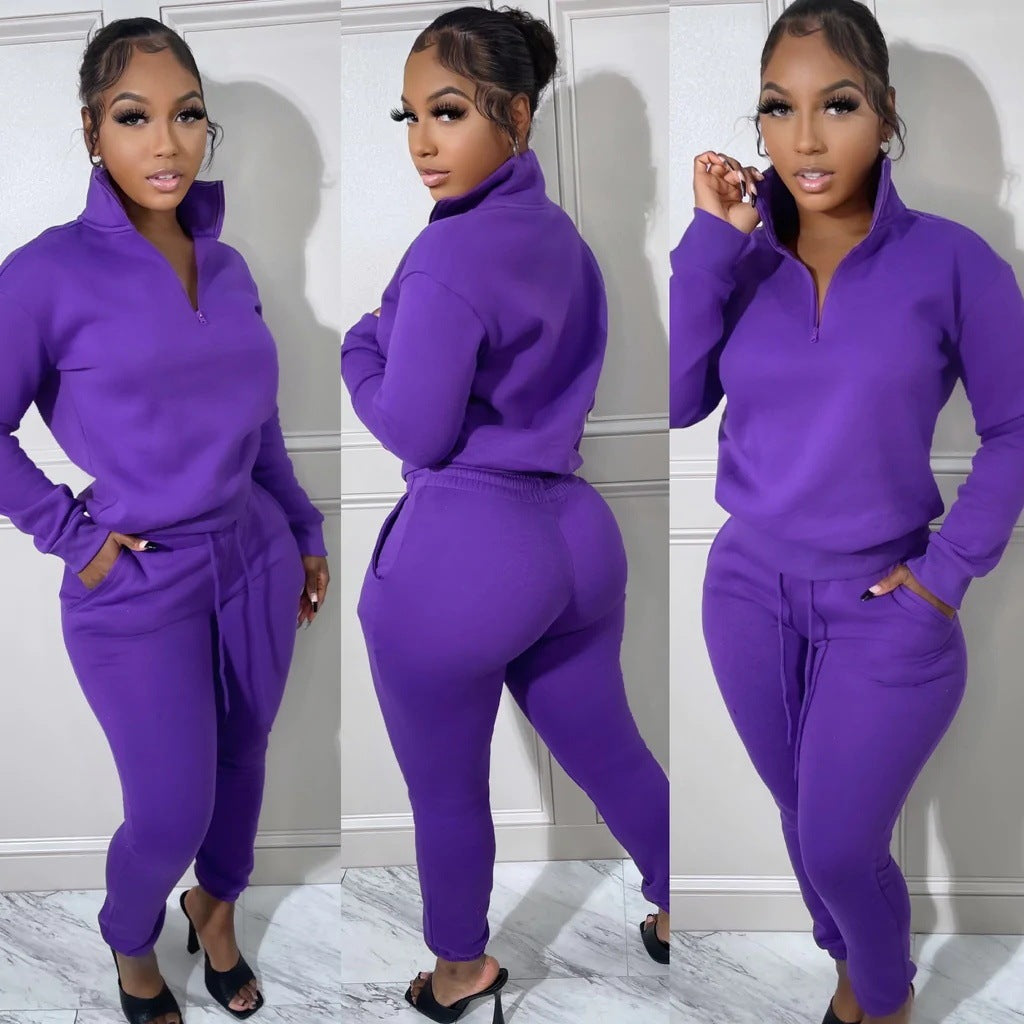 European And American Women's Fashion Sports Zipper Plush Suit