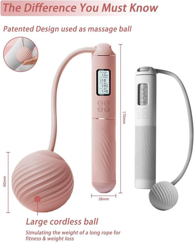 Cordless Jump Rope with - Ropeless Jump Rope 2 in 1 with Large Cordless Ball-Weighted Jump Rope for Women Men Kids Outdoor Speed Boxing Crossfit Workout Exercise Cardio with LCD Display Adjustable Calorie Counter