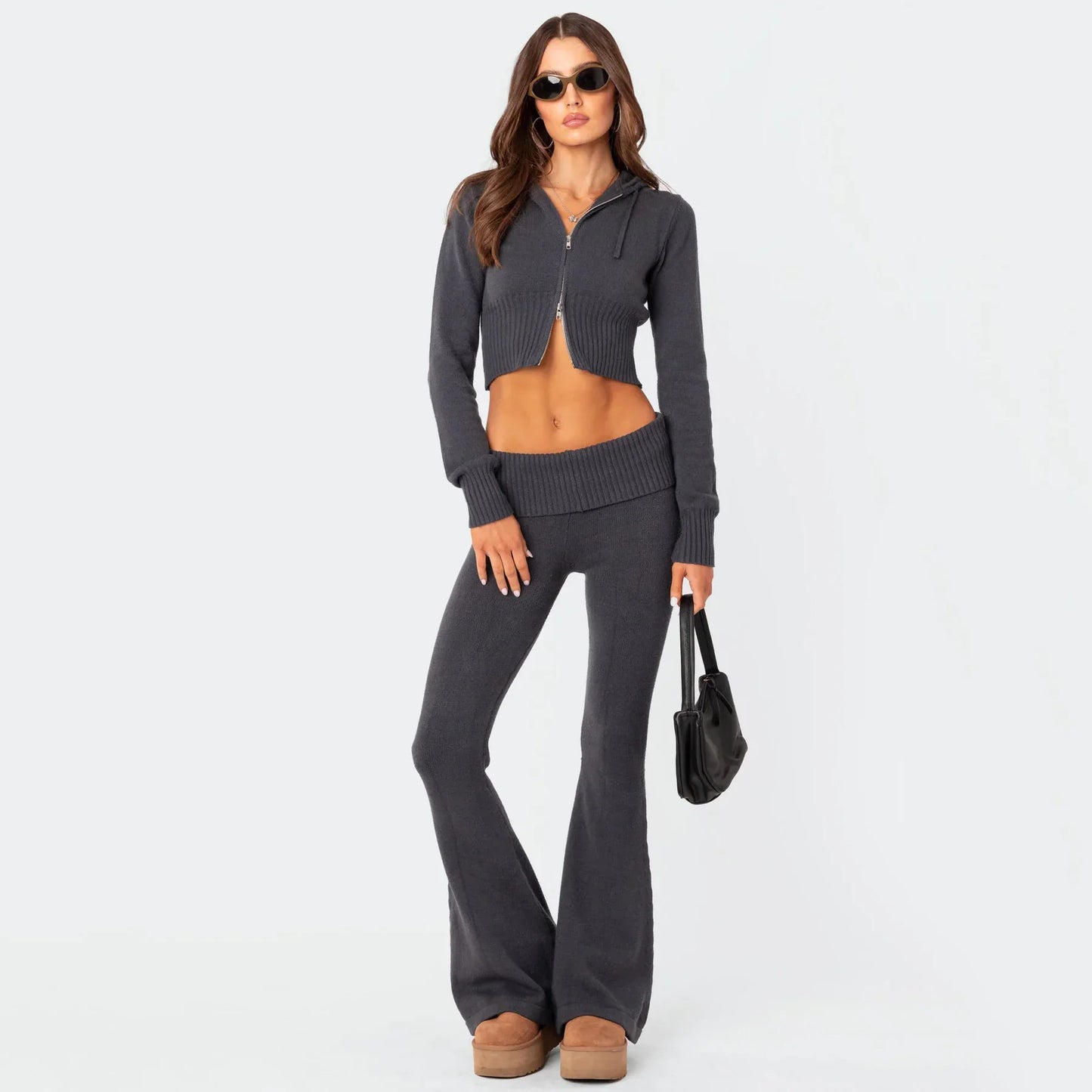 Women's High-Waist Knit Hooded Set: Fashionable Long-Sleeve Top & Trousers - # GIAA23410012