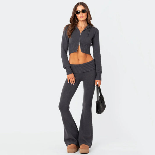 Women's High-Waist Knit Hooded Set: Fashionable Long-Sleeve Top & Trousers - # GIAA23410012