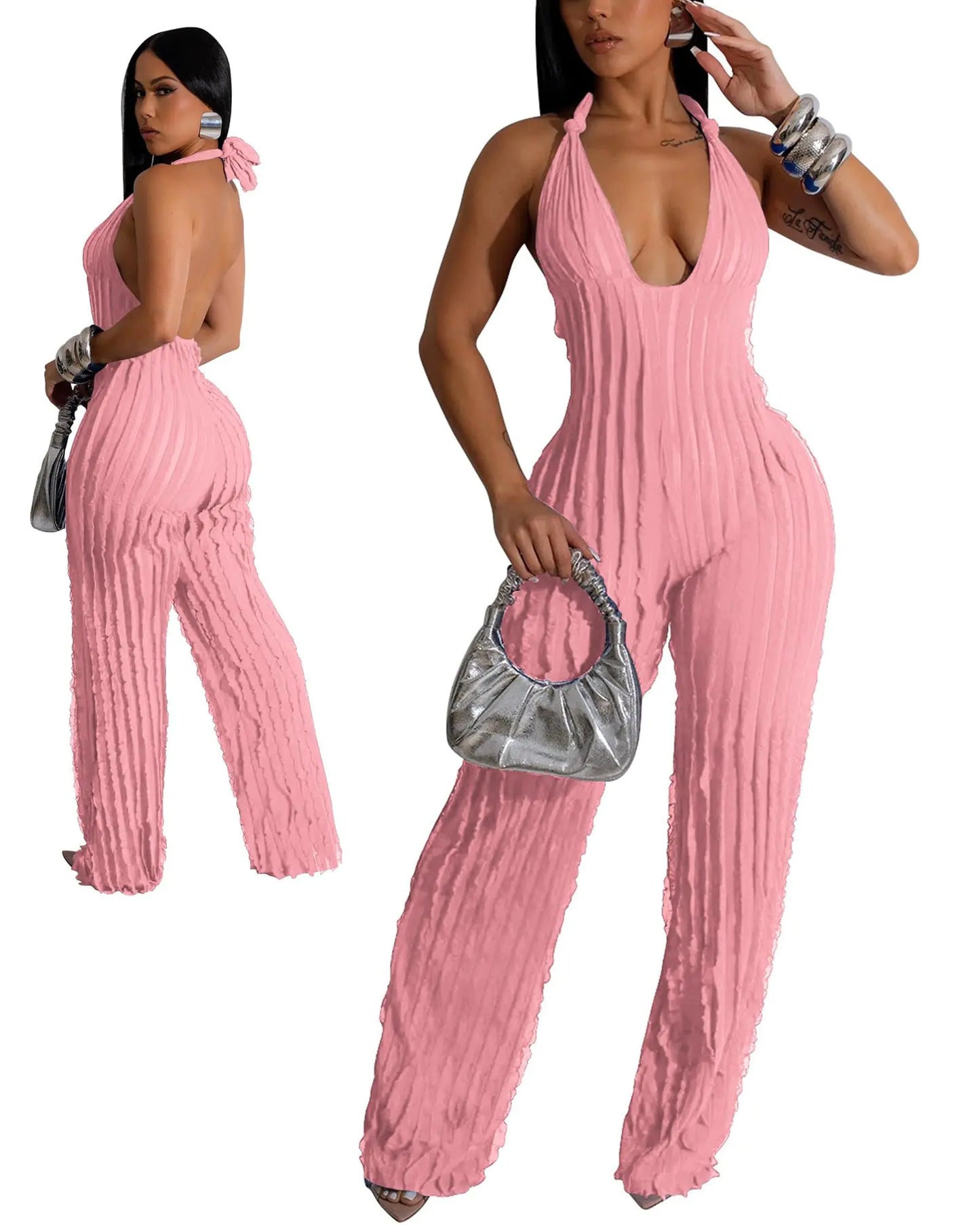 Doweha Sexy Summer Halter Jumpsuits for Women Dressy 2024 Backless V Neck One Pieces Wide Leg Long Pants Jumpsuits Romper Party Club Outfit Pink