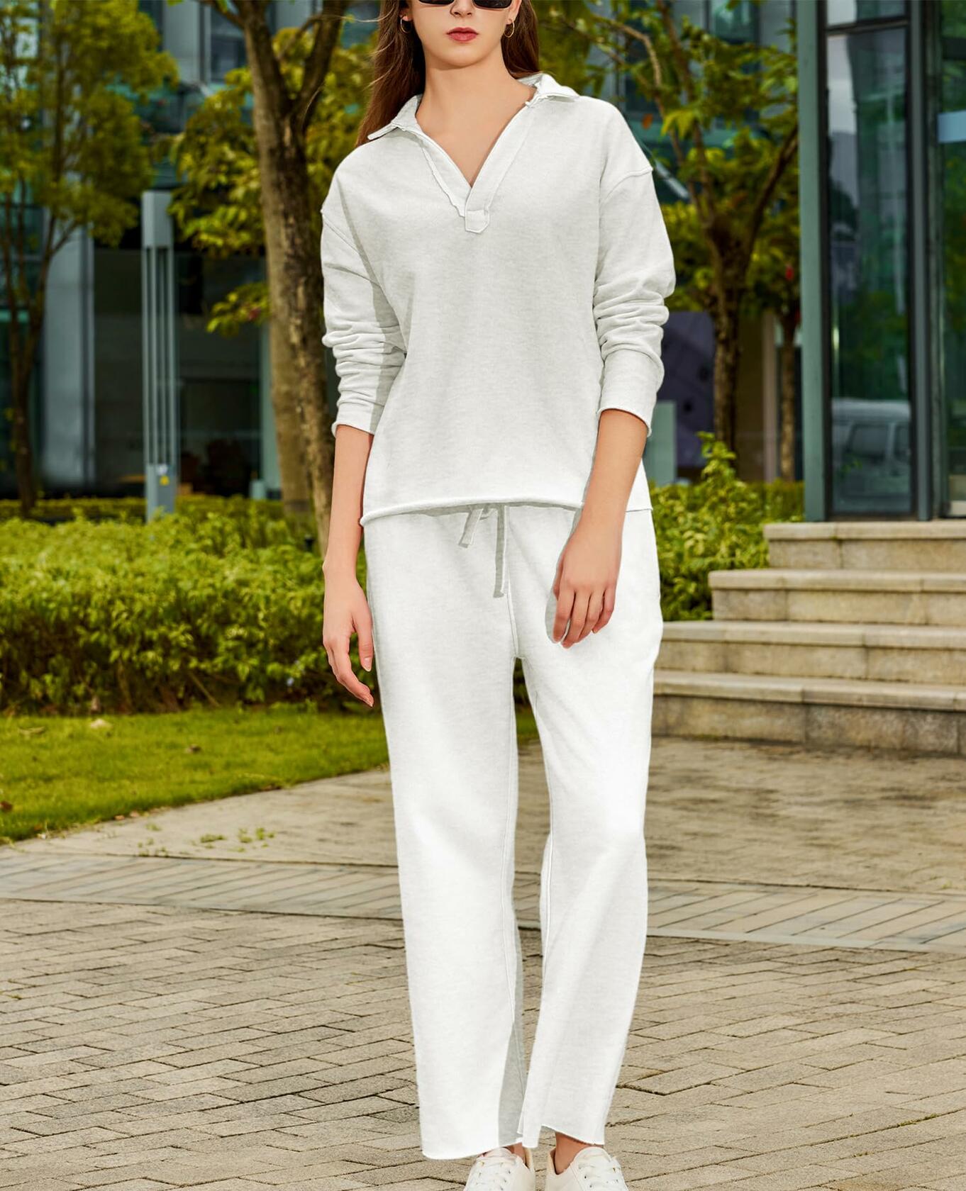 Yioaga Women Tracksuit 2PC Pullover Sweatshirt Sweatpants Light-Gray Size XL