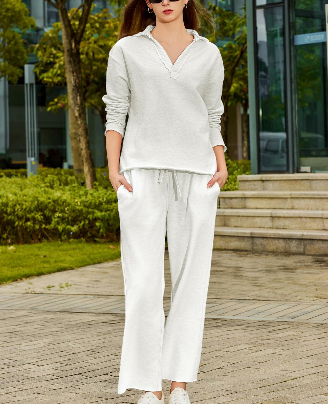 Yioaga Women Tracksuit 2PC Pullover Sweatshirt Sweatpants Light-Gray Size XL