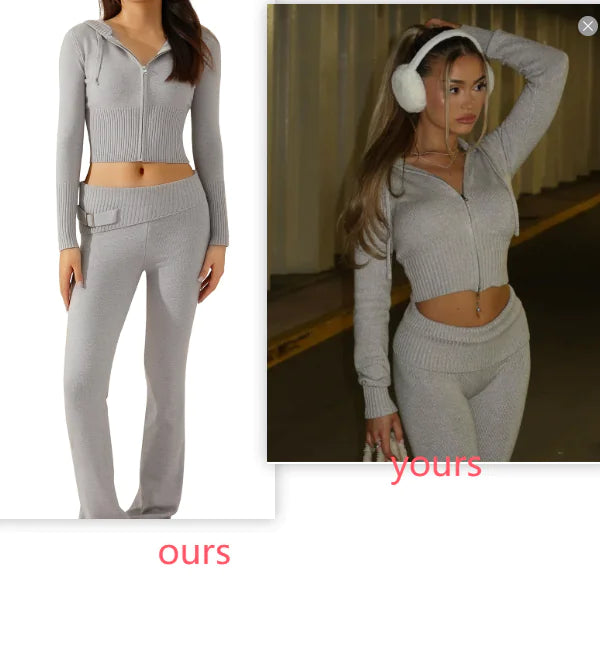 Women's High-Waist Knit Hooded Set: Fashionable Long-Sleeve Top & Trousers - # GIAA23410012